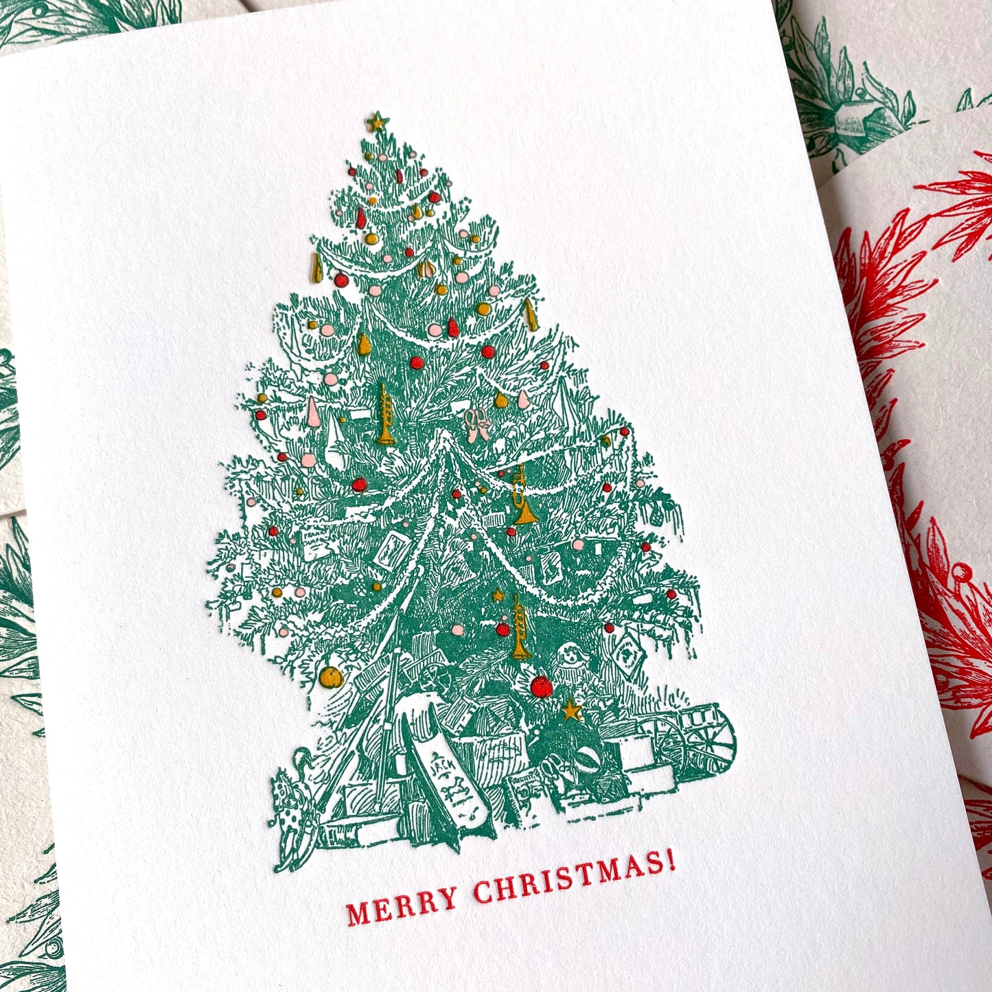 Set of Vintage Christmas Tree Letterpress Cards